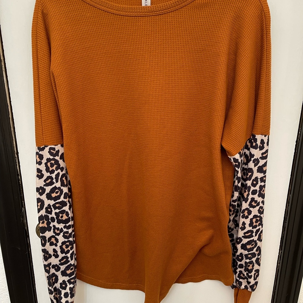 Tickled Teal Leopard Sleeve Sweatshirt - Orange
